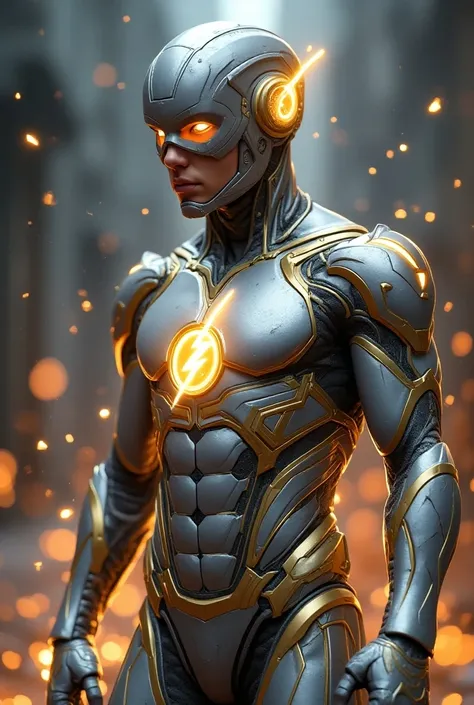 Create a highly detailed and futuristic depiction of a superhero costume resembling the Flash. The suit should be predominantly silver with intricate gold accents and patterns. The most prominent feature should be the glowing lightning bolt emblem on the c...