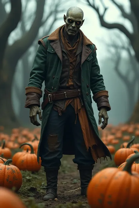 A full body of a RPG character in 3d style: (full body:1.5), (man:1.5), zombies, zombie recent transformed, zombie of a adventurer man, pumpkin plantation background, 3d, fantasy, medieval fantasy