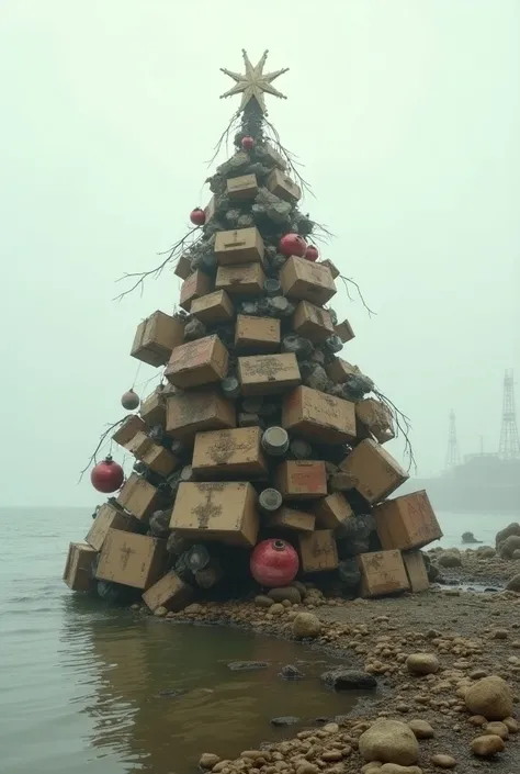 Christmas tree made from poor deteriorated boxes on dirty seawater
