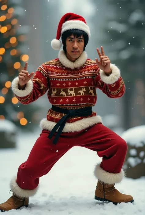 Bruce lee wearing ugg boots, santa hat, and christmas sweater