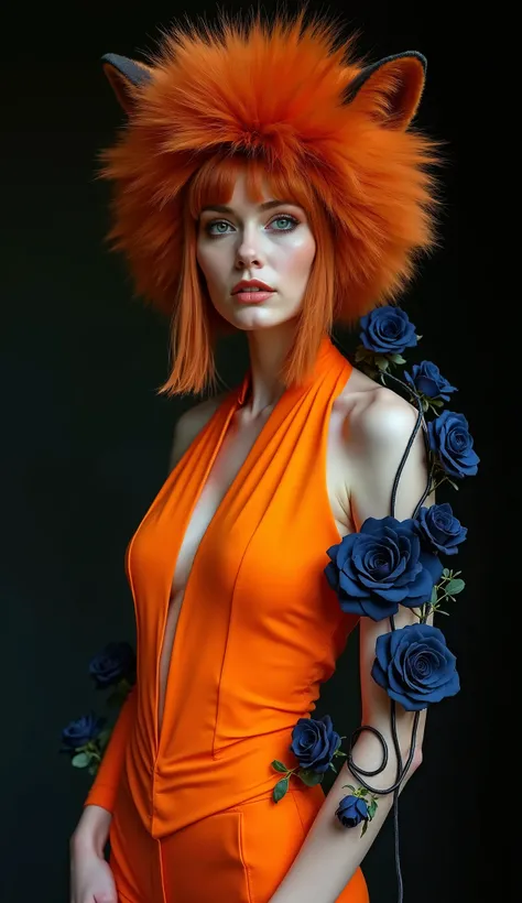 A beautiful redhead female european artist, facing the camera, dressed in a sleek, futuristic all-orange outfit, adorned with a huge red fox centerpiece headpiece. She has clean makeup, with a depth of field effect. The outfit is fantastical, edgy, and reg...