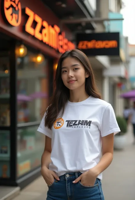 A local shop with the name TezamTelecom and lady wearing a t shirt with the name TezamTelecom 