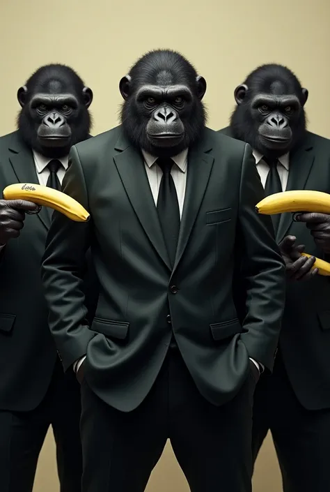 Black serious  ape group with suit and banana guns in his hand