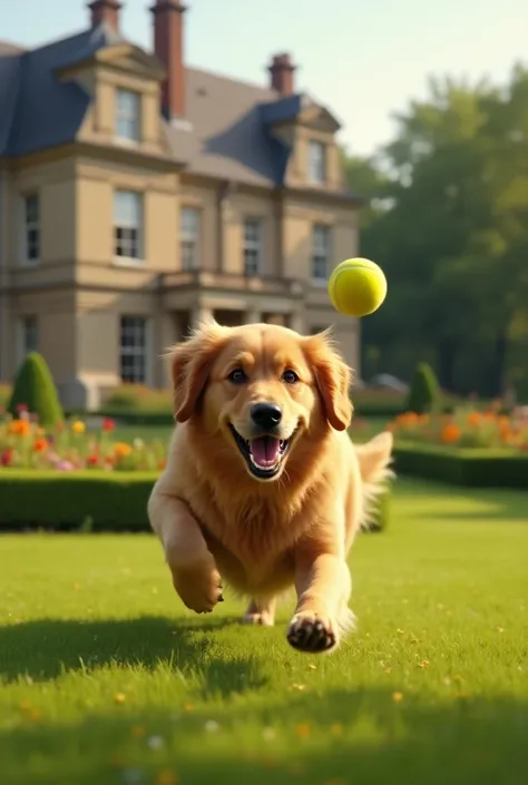  Golden Retreiver ,  brown eyes ,  playing in the garden of a large house, with a tennis ball ,  realistic Instagram story