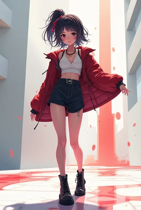 "Stylish woman in a short outfit, inspired by anime aesthetics."

