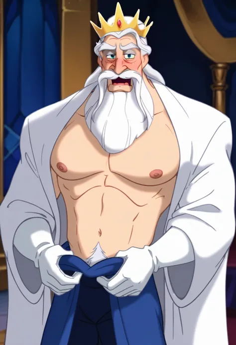 disney, one old man king submissive ((old man 70, long beard white-grey and long mustache white, hairstyle white, face grandpa w...