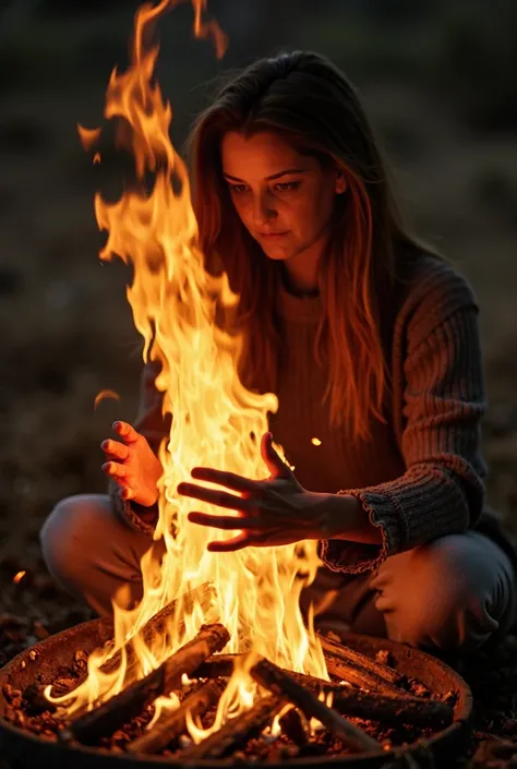 Woman taking her hands out of the fire
