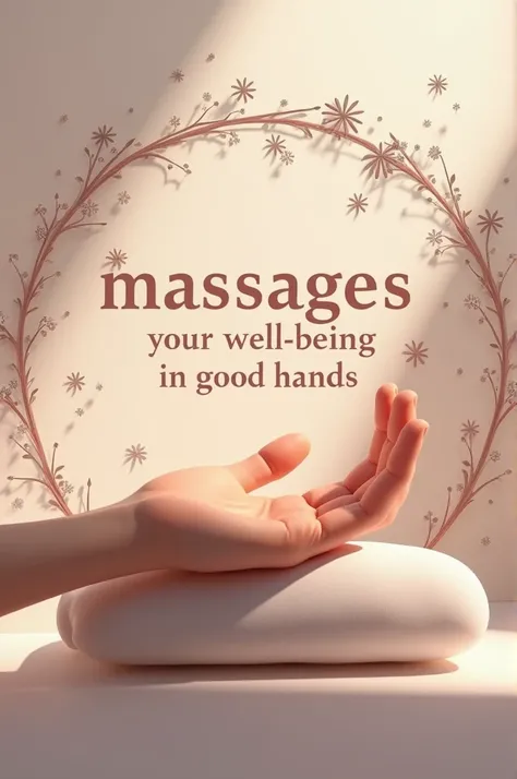  A hand receiving relaxation in the middle of a circle that says massages,  your well-being in good hands , with silver stars 