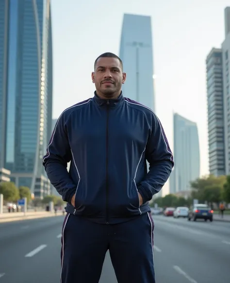 A man in a tracksuit, large build, short haircut, standing on the road in front of skyscrapers in Dubai.