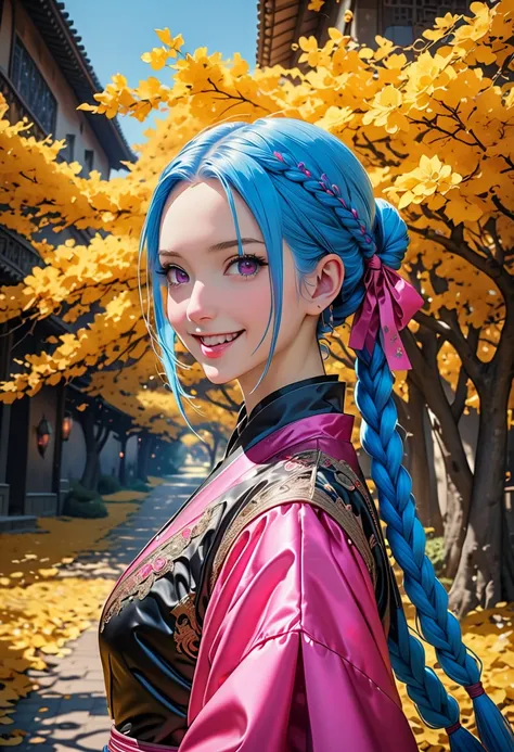 ((behind view:1.5, full body:1.5, ((Jinx:1.5、Pink Eyes:1.5、Blue Haired Super Long Braid Twin Tails:1.5、forehead:1.5))、Best Quality, masterpiece,  ultra high resolution, Realistic,  RAW Photos,  intricate detail, Portraiture,  small face:1.5、Perfect Contour...