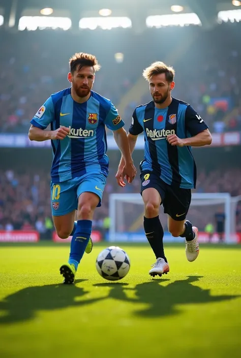 Create a realistic image of Daniel Radcliffe and Lionel Messi playing football together in a vibrant stadium. Messi, wearing his iconic blue and white jersey, is focused on dribbling the ball while Radcliffe, in casual athletic attire, is running alongside...