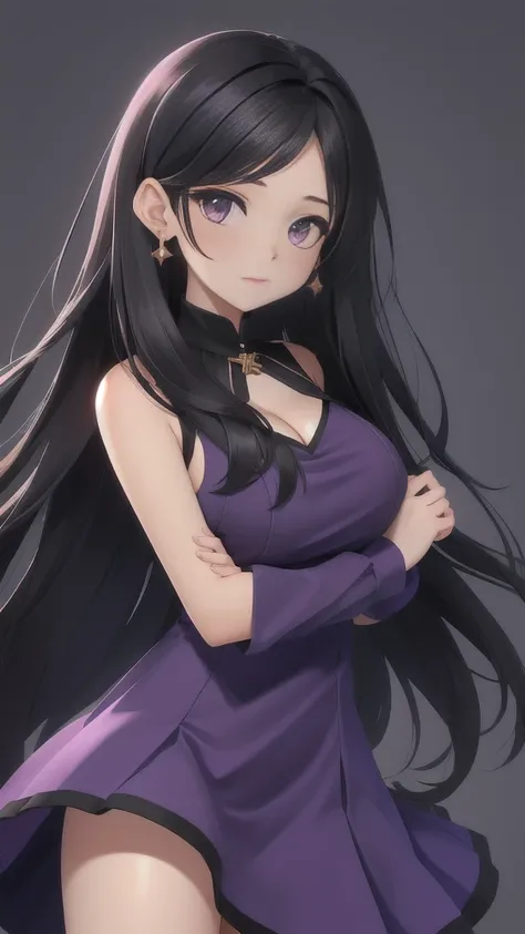 Busty Long Black haired teen wearing a purple dress