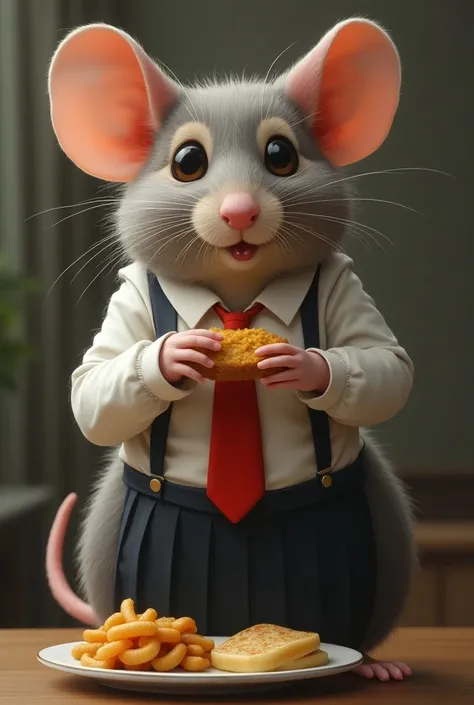 Fat Rat eating lunch in female school uniform red tie