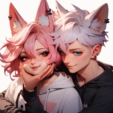 2characters, ((First female, (Long pink hair), Fox ears, Blue eyes)), Basic goth hoodie, ((Second Male Short white hair, Fox ears, Red eyes)), Basic goth hoodie, Hugging face to face, Cute bedroom