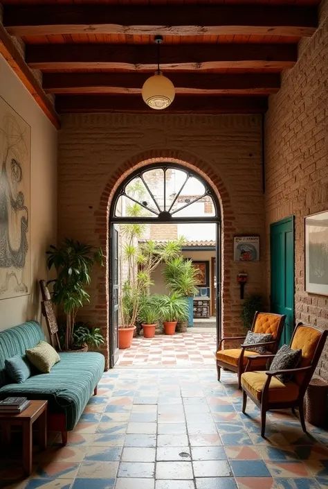  Interior of type house " house chorizo " Buenos Aires ,  with high Buenos Aires joist ceiling ,  traditional calcareous tile floor of Argentinian patio houses, WITH DRAWINGS,  archless iron window open to checkerboard patio with parral, old brick seen , r...