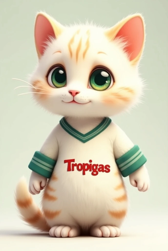 Animated style kitten, white,  with brown stripes , stopped, panza,  green eyes,  wearing a white collar shirt, manga 3/ 4 with a flourishing green stripe ,  that say TROPIGAS on the left side with red letter