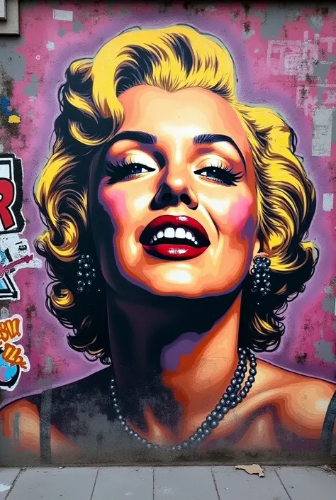 An illustration of Marilyn Monroe in a Graffiti Collage Fusion, combining tags, stickers, and posters. Employ eclectic terracotta and purple shades to reflect the layered complexity of urban environments. General shot, so that the entire wall with the Graf...