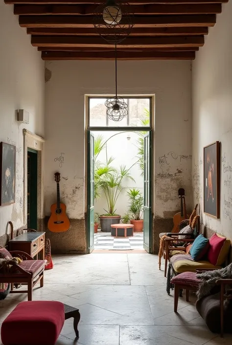  Interior of type house " house chorizo " Buenos Aires ,  with high Buenos Aires joist ceiling , traditional calcareous tile floor of Argentinian patio houses, WITH DRAWINGS, rectangular iron window open to patio of checkerboard floor with parral, old bric...