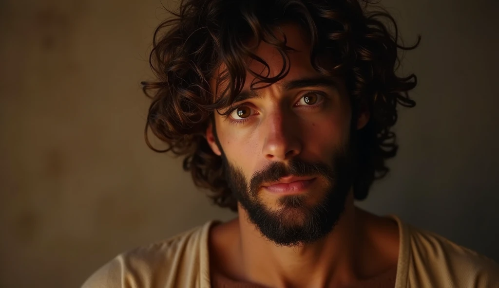 David from the Bible, wavy curly hair, honey brown eyes, white skin, medium beard, he is sad, he is in a room
