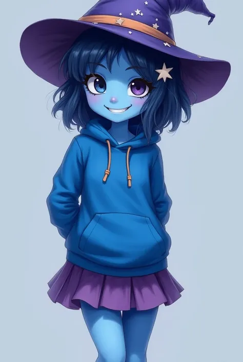 (masterpiece, best quality:1.2),cowboy shot,solo,1girl,mlptrixie,colored skin,blue skin,smile,looking at viewer,arms behind back,star hair ornament,witch hat,blue hoodie,purple skirt,