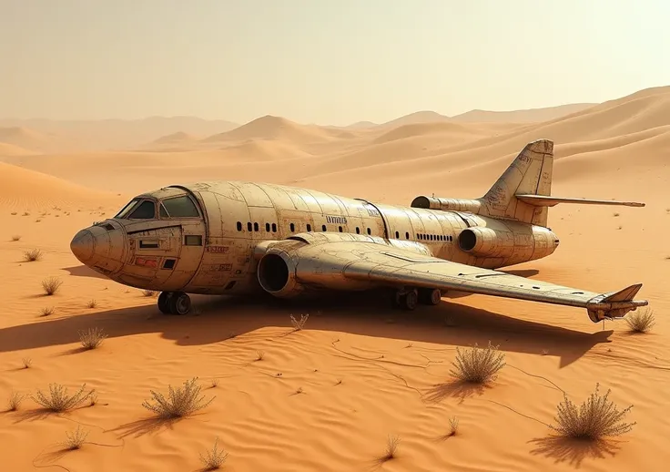 araffatured airplane in the desert with a few wheels, abandoned in a desert, a ancient crashed spaceship, built in the egyptian desert, full of sand and dust, partially covered with dust, deserted, abandoned on mars, spaceship in a dry river bed, futuristi...