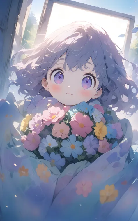 "A bouquet of sympathy"
 prompt : Cute girl, ((:1.5)), (masterpiece:1.2), (best quality:1.2), (high definition:1.1), dramatic soft sunlight, vibrant pastel color palette, anime artwork, anime style, key visual, cinematic composition, dreamy watercolor-styl...