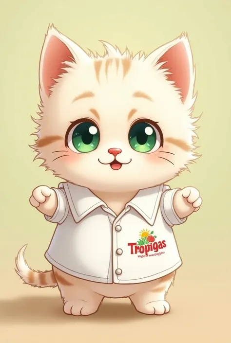 Animated style kitten, white,  with brown stripes , stopped, panza,  green eyes, wearing a collar shirt , with buttons, white color, manga 3/ 4 that says TROPIGAS with red letters on the left side of the shirt