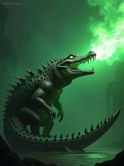 Crocodile with long tail with spikes at tip. Glowing green eyes breathing green fire