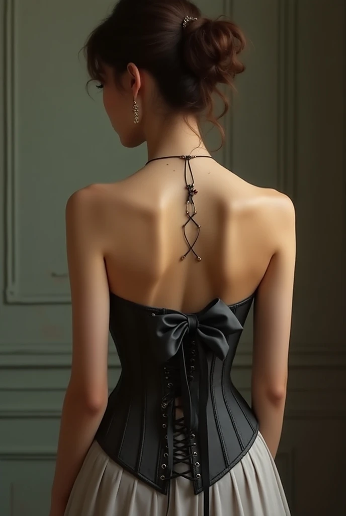  young woman in a completely laced corset up to the end! beautiful bow on the back , back view