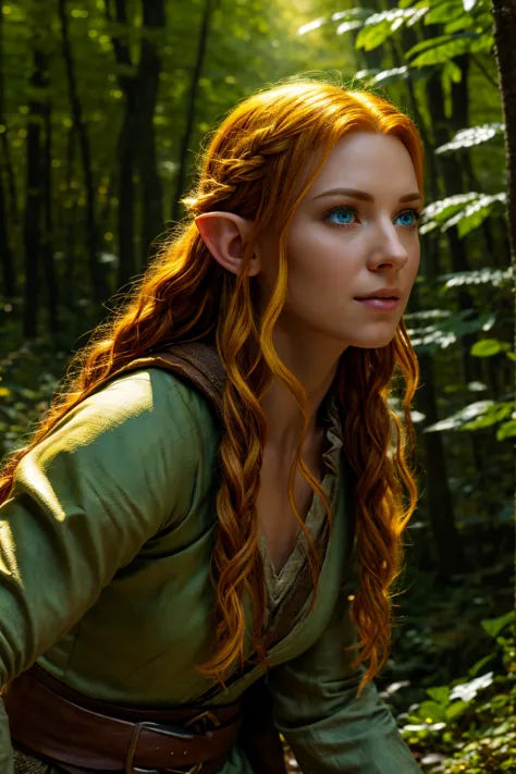 Tauriel, the elf from The Hobbit movie, best quality, ultra-detailed CG unity 8k wallpaper, floating, high resolution, dynamic pose, beautiful face, (blue eyes:1.2, yellow hair:1.3, green clothes), depth of field, white forest, golden leaves, magic light)