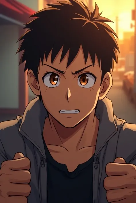 A man in his early thirties. He has short dark brown hair and brown, almost caramel eyes. Hes very overprotective over something or someone he likes and has a more serious and unbothered behavior. Make it anime style.