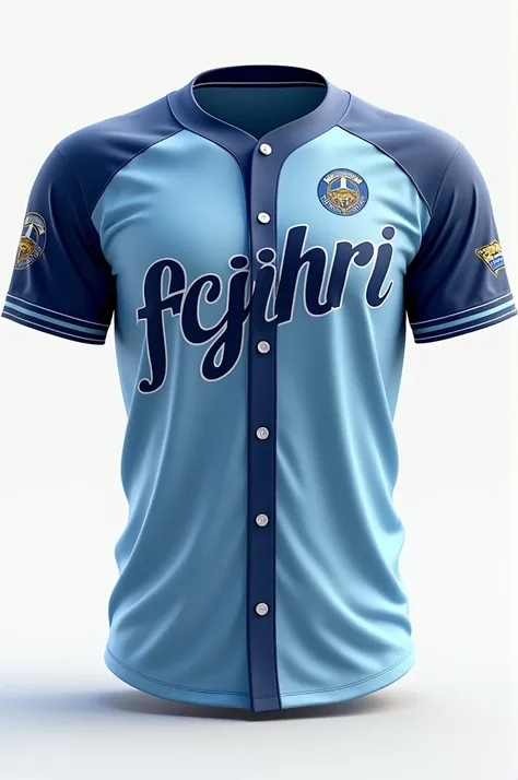  A baseball shirt with the letters FCJHRI ,  in a color that matches well with some logos in light blue,  put a small logo on the chest  (right)  and a logo on the sleeve , jaguars UAM 