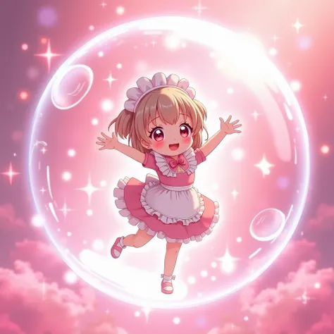 Anime loli maid magical girl floating inside a bubble surprised blushing, 2d anime style pink sparkle background