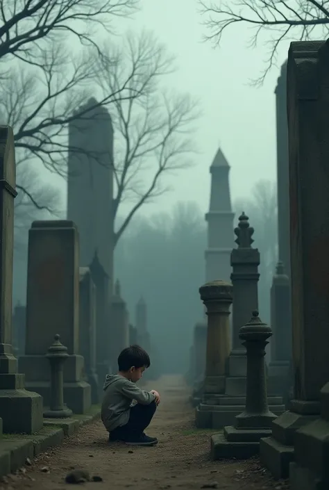 A Small Young man couches beside a many graveyard 
