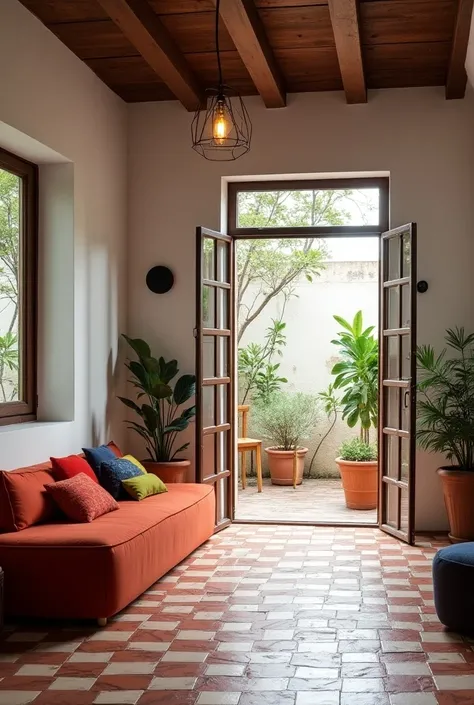  Interior of type house " house chorizo " Buenos Aires , with high joist ceiling and porch vault , traditional calcareous tile floor of Argentinian patio houses, WITH DRAWINGS, rectangular iron window open to patio of checkerboard floor with parral, old br...