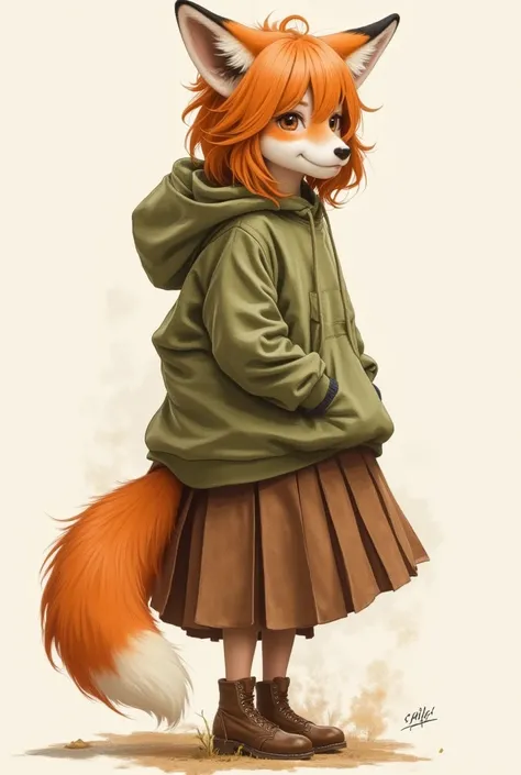 High saturation, western art, watercolor style. A girl with a fox tail coming from under her pleated skirt. Wearing a large olive hoodie.