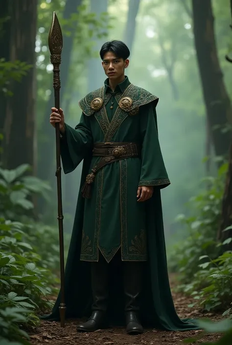 Photorealistic, cinematic quality, in a forest, a full body wizard man, short dark hair, very tall and thin body, long legs, (beautiful fantasy wizards tunic with runes, intricate details), (large fantasy cape), intricate details (large magic staff in righ...