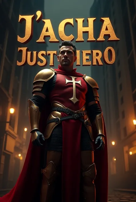 A 3D cinematic hiperrealistic poster with the text "Jacha Justiciero" in bold, gold letters in the back. The poster features a hero with red, gold, and black armor, standing tall and with a determined look. The hero has a Templar cross emblem on his chest....