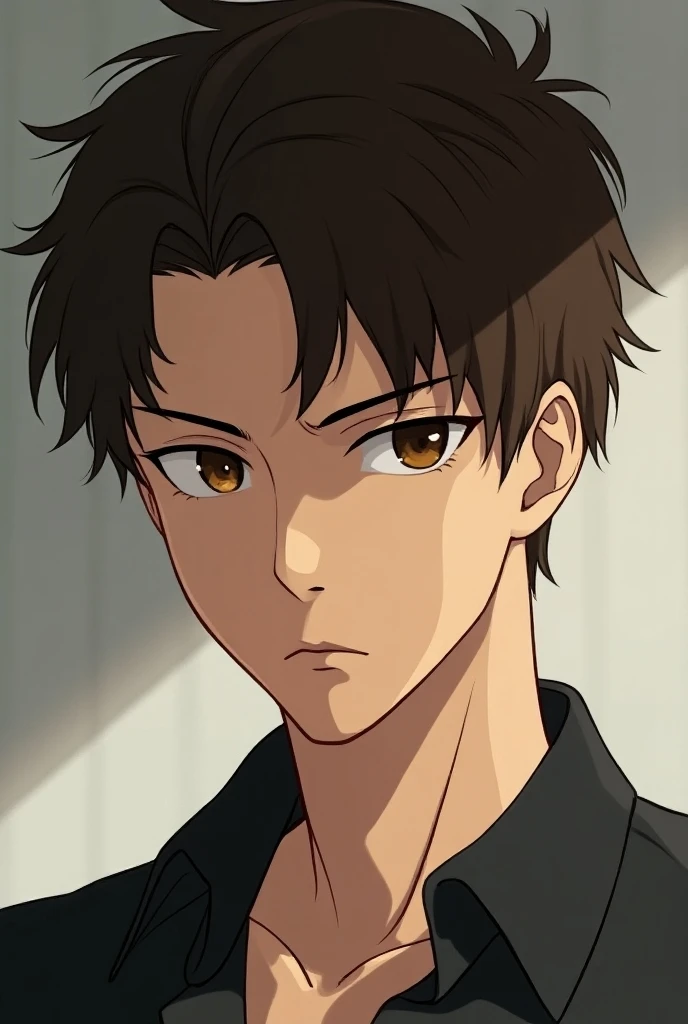 A man in his early thirties. He has short dark brown hair and brown, almost caramel eyes. Has a more serious and unbothered behavior. Make it an anime art.