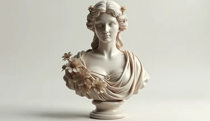 a medium-shot a beautiful detailed greek roman female bust statue smiling, holding flowers, white background, detailed facial features, realistic, photorealistic, ultra-detailed, 8k, best quality, highly detailed sculpture, intricate details, delicate flow...