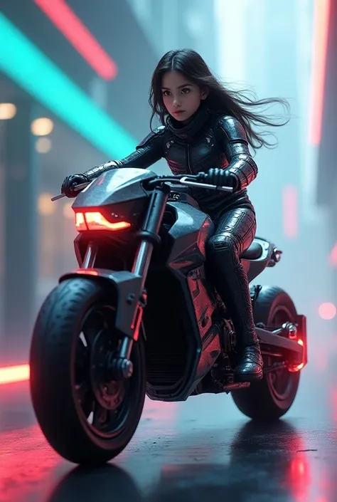 A very beautiful tiny girl riding an ultramodern brutal BMW combat tricycle with 3 wheels and neon lights in modern computer digital knight armor 