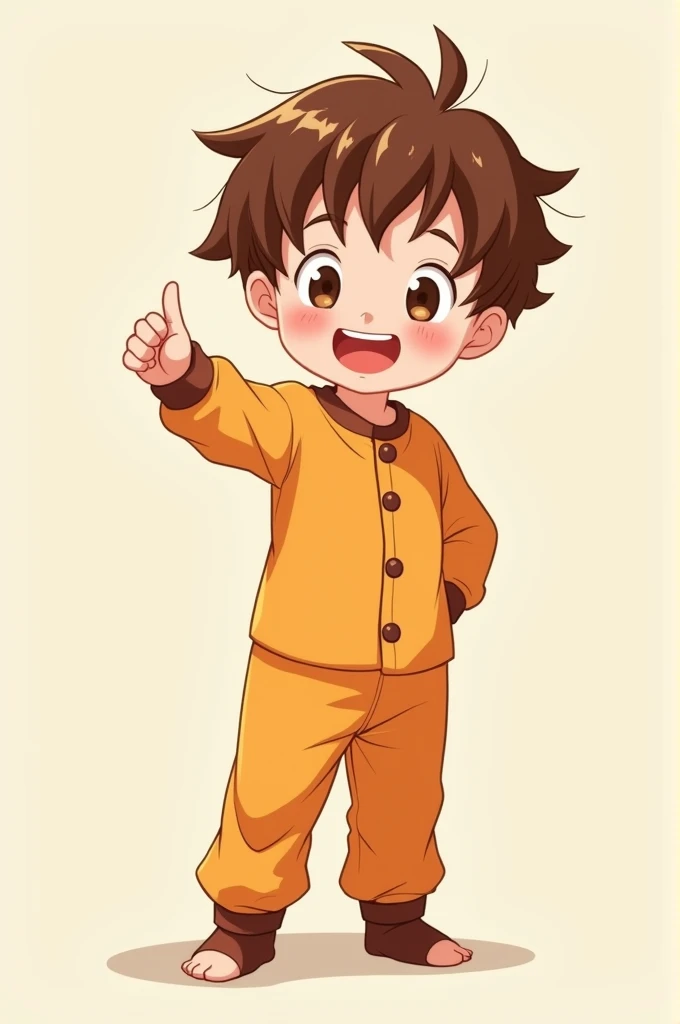 Draw a brown-haired, brown-eyed two-year-old boy wearing Gohan baby pajamas with his thumb up 