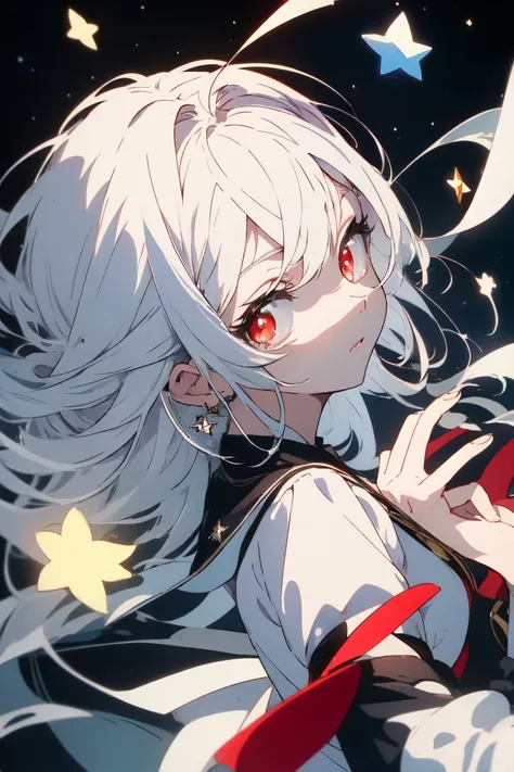 (( top quality 、masterpiece、Familiar、High quality))、( shining eyes )、cute anime girl, 、 beautiful animated art  、、The stars shine,  white background ,  white hair,  red eyes