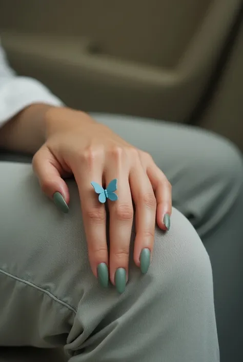 A hand with moderately long, almond-shaped nails painted in a matte olive-green color is shown resting gently on the thigh area covered with grey pants. The skin tone is fair with a soft pinkish hue, giving a warm and delicate appearance. A single, elegant...