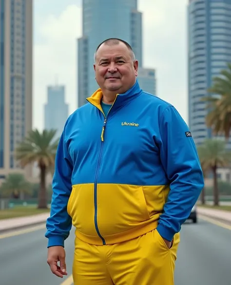 Photo Men 45 years old in a sports suit.Blue top yellow bottom.The inscription on the suit “Ukraine” Large build.with a short haircut stands on the road in front of skyscrapers in Dubai.Filmed on an iPhone 16 pro.