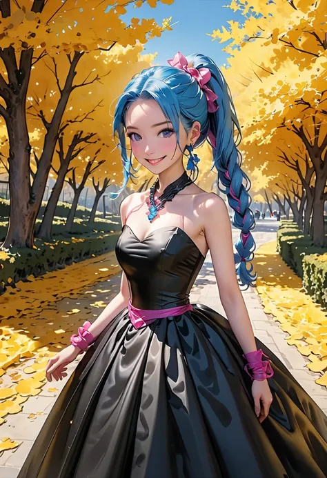 ((behind view:1.5, full body:1.5)), ((Jinx:1.5、Pink Eyes:1.5、Blue Haired Super Long Braid Twin Tails:1.5、forehead:1.5))、Best Quality, masterpiece,  ultra high resolution, Realistic,  RAW Photos,  intricate detail, Portraiture,  small face:1.5、Perfect Conto...