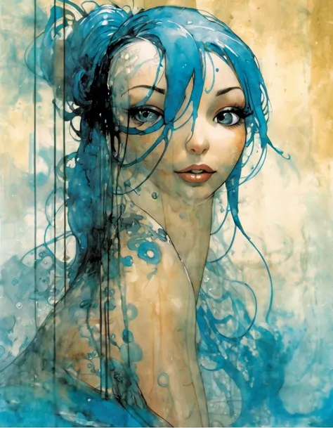 girl with long blue hair, braids, bikini sexy, immersed in the water of a sauna, breasts almost covered by the water, fog, sexy, eroticism, sketch style, art inspired by Bill Sienkiewicz and Dave McKean, (best quality,4k,8k,highres,masterpiece:1.2),ultra-d...