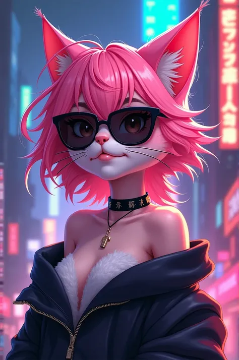 Create an anime cat with pink hair 
Black choker and dark glasses 