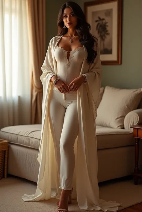 woman in home wearing Sexy  Womens Cotton Blend Straight Kurta Pant Set With Dupatta, curvy model, beautiful model girl, perfect body, sexy girl, wearing tight shirt, lovely woman, brown hair and a perfect body, very attractive and beautiful, beautiful gir...