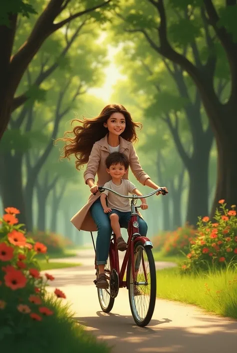 Woman and son ride bicycle in the park